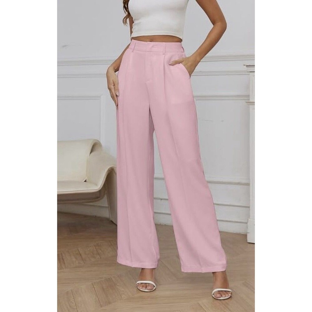 FUNYYZO Pants Women's Medium Elastic Waist Wide Leg Lightweight Pockets Blush